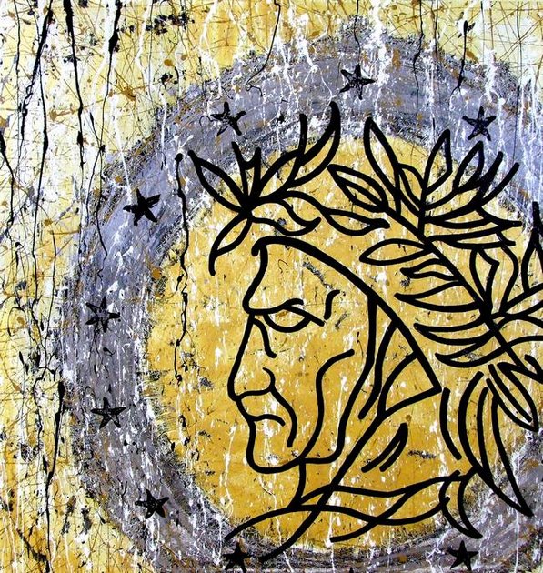 Quadro moderno realizzato dal pittore Italiano Goa raffigurante i due euro con Dante Alighieri
