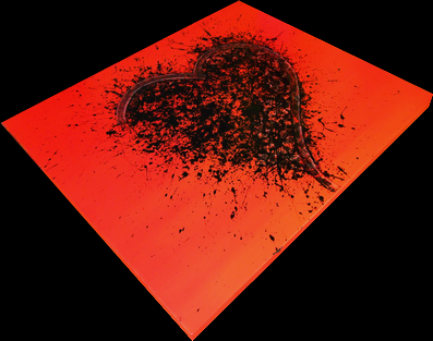 UN GRANDE E POTENTE CUORE ROSSO IRROMPE CON UNA ESPLOSIONE DI ACTIONPAINTING COLORE NERO