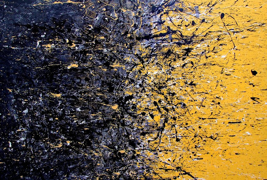 DIPINTO DI GRANDI DIMENSIONI CON SFONDO NERO E DETTAGLI COLOR ORO RAFFIGURANTE IL COSMO E LA GALASSIA CM. 150X100