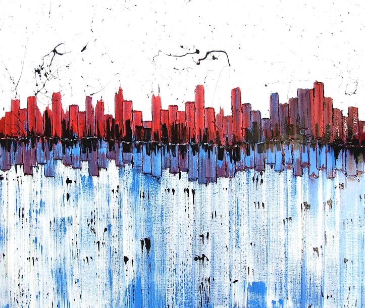 I QUADRI MODERNI DEL PITTORE GOA, CM. 120X100 TITOLO NEW YORK ALLO SPECCHIO CON COLORI BLU ROSSO E BIANCO