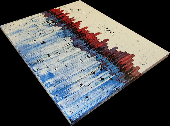 quadro astratto con i grattacieli di new york con colori acrilici rossi e celesti e lanci action paiting trasparenti