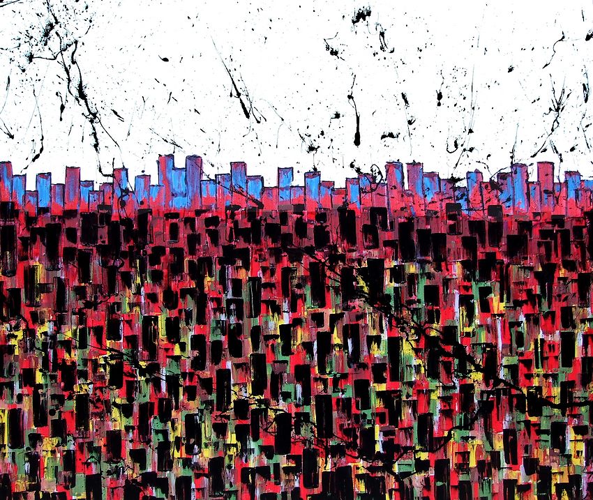 QUADRI MODERNI SU TELA, UNA NEW YORK IMMERSA NEI COLORI DI UNA GIUNGLA, GIALLO VERDE CELESTE E ROSSO