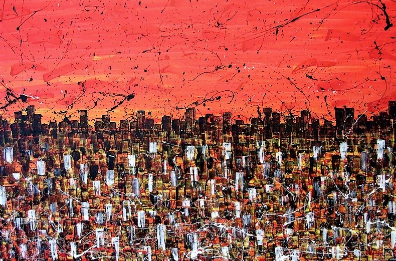 QUADRI ASTRATTI DI GRANDI DIMENSIONI, SALOTTO DIVANO, FIRAMTI PITTORE GOA, IL TRAMONTO ROSSO E ARANCIO NELLA CITTA DI NEW YORK