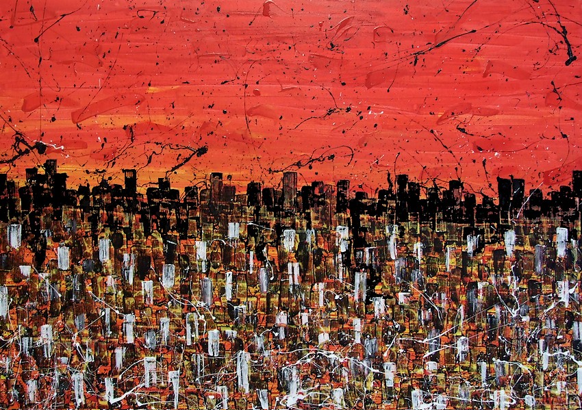 QUADRO DI AUTORE CON TECNICA ACTION PAINTING INTITOLATO TRAMONTO A NEW YORK