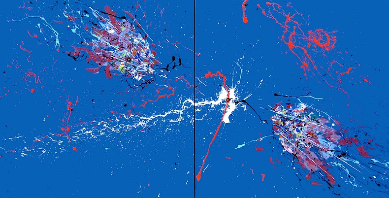 Pittore artista Goa quadri astratti moderni realizzati a mano, titolo "Te quiero amor" un quadro di grandi dimensioni metri 2x1 su sfondo blu ed action painting bianco