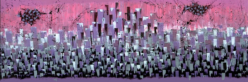 Il quadro su New York in un tramonto rosa, viola e fucsia, fa da scenario per la intervista del pittore Goa per il blog Oggi scrivo io di Gianluigi Melucci