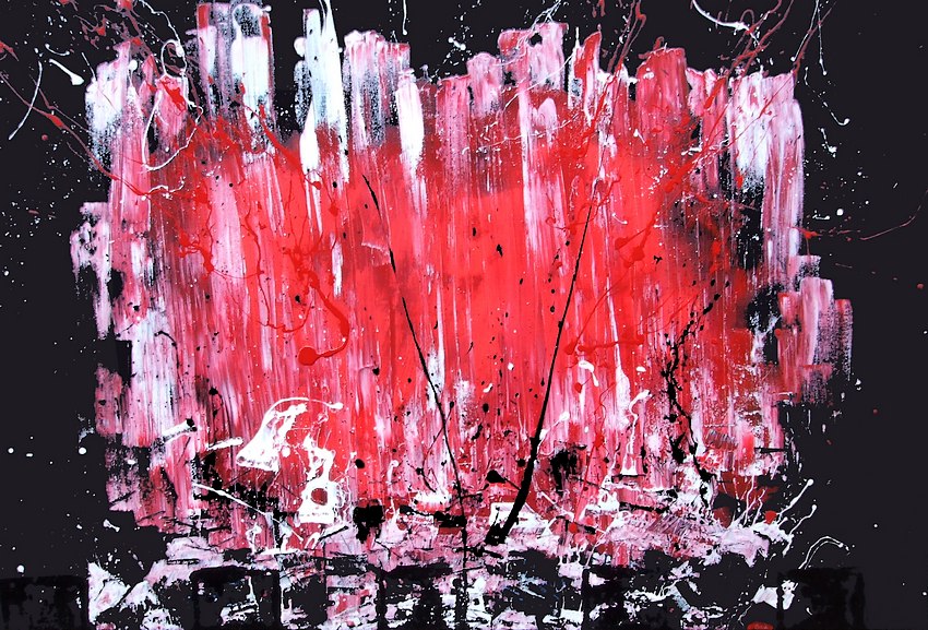 Pittore artista Goa quadri astratti moderni realizzati a mano, titolo "film à cores" con sfondo rosso vivo, colori sgocciolati bianco acrilico