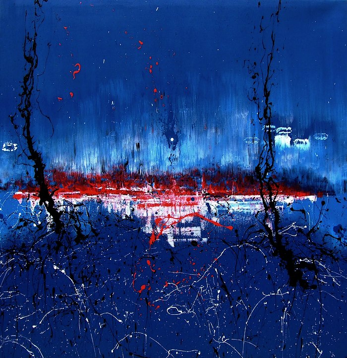 Pittore artista Goa quadri astratti moderni realizzati a mano, titolo "il confine dell'infinito" quadro con colori blu scuro e rosso