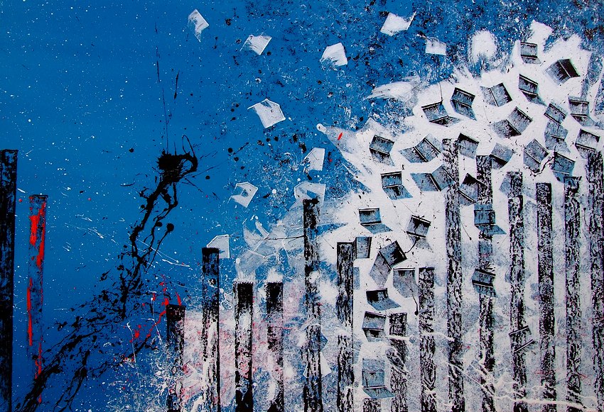 Pittore artista Goa quadri astratti moderni realizzati a mano, titolo "open the door" una tela dipinta di azzurro blu nero e bianco con grattacieli neri