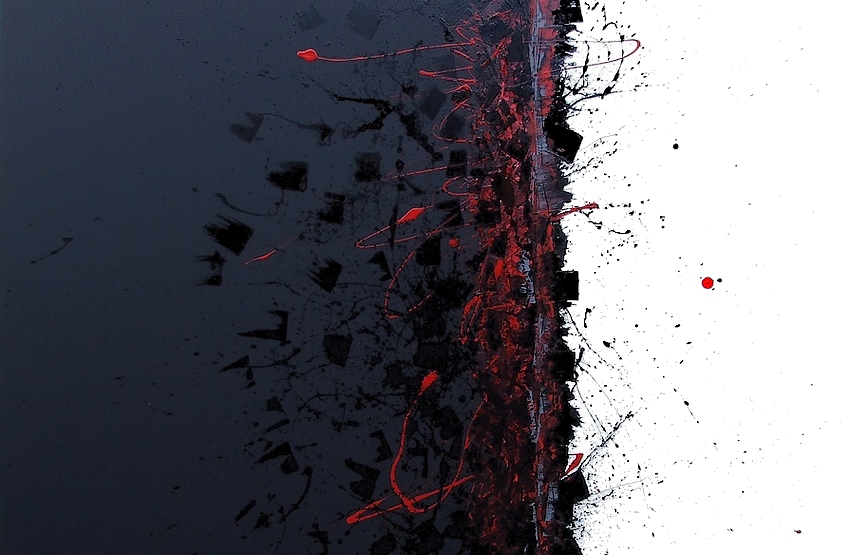 Pittore artista Goa quadri astratti moderni realizzati a mano, titolo "Rosso su blackout" con sfondo nero opaco, spatolate nero lucido e action paining rosso sangue