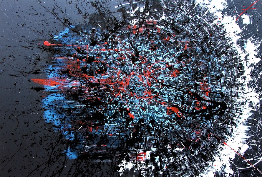 Pittore Goa vendita online quadri astratti moderni contemporanei. Dipinto raffigurante la morte nera di star wars su uno sfondo nero e action painting bianco