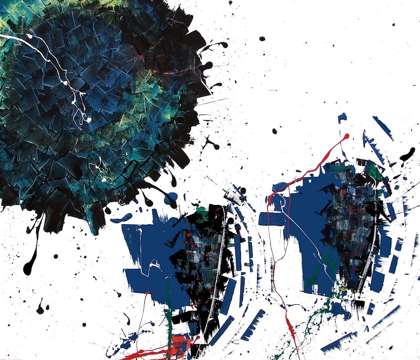 Pittore Goa vendita online quadri astratti moderni contemporanei. Dipinto raffigurante la morte nera di star wars su uno sfondo nero e action painting bianco