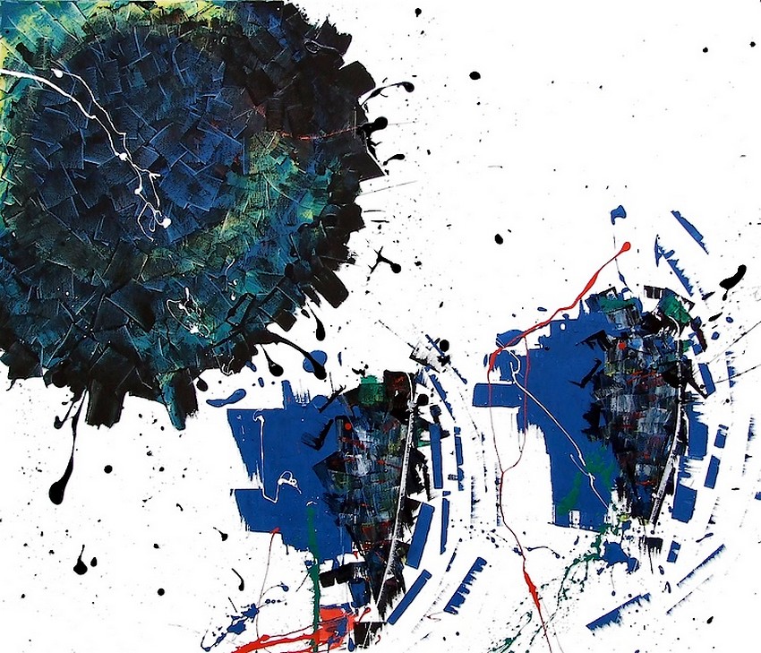 Pittore artista Goa quadri astratti moderni realizzati a mano, titolo "ti osservo e ti controllo perchè ti amo" un dipinto particolare con spatolate di colore sfumate azzurro giallo rosso e bianco con due umanoidi gender