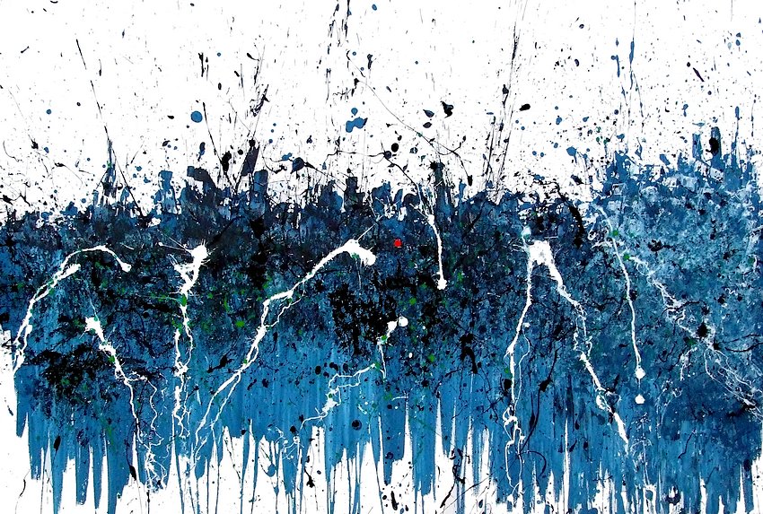 Pittore artista Goa quadri astratti online, titolo della opera "Essere o non essere" un dipinto su tela con una grande macchia celeste e gocce di colore verde smeraldo con action painting bianco
