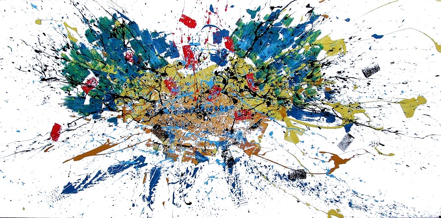 UNA TELA, QUADRI ENORMI FIRMATO PITTORE GOA DAL TITOLO FREEDOM. UNA ESPLOSIONE DI COLORI OCRA, GIALLO, BLU SFUMATO, AZZURRO E DUE SPIRALI NERA E ROSSA CHE SIMBOLEGGIANO LA VITA SI ESPONDONO SU TUTTO IL QUADRO