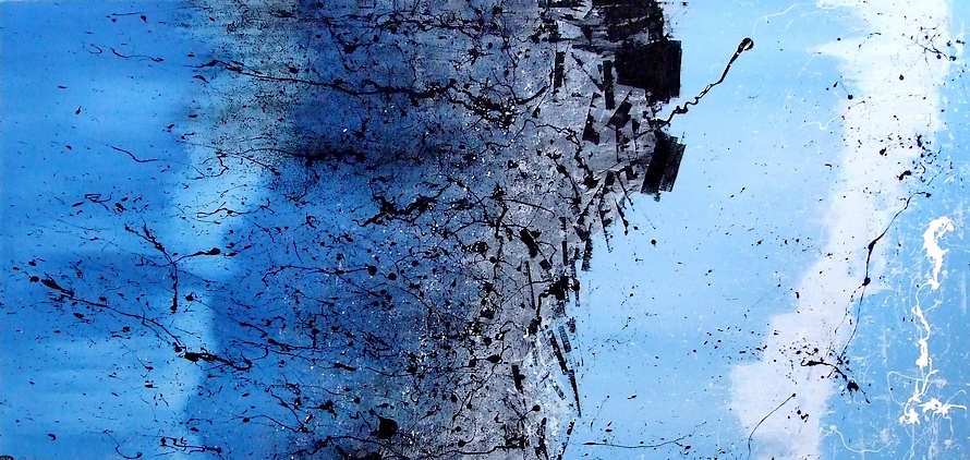 QUADRO ASTRATTO FUTURISTICO IN STILE ACTION PAINTING DOVE UNA IMMAGINE UMANOIDE SBUCA DAL NULLA RIVOLGENDOSI VERSO AL FUTURO
