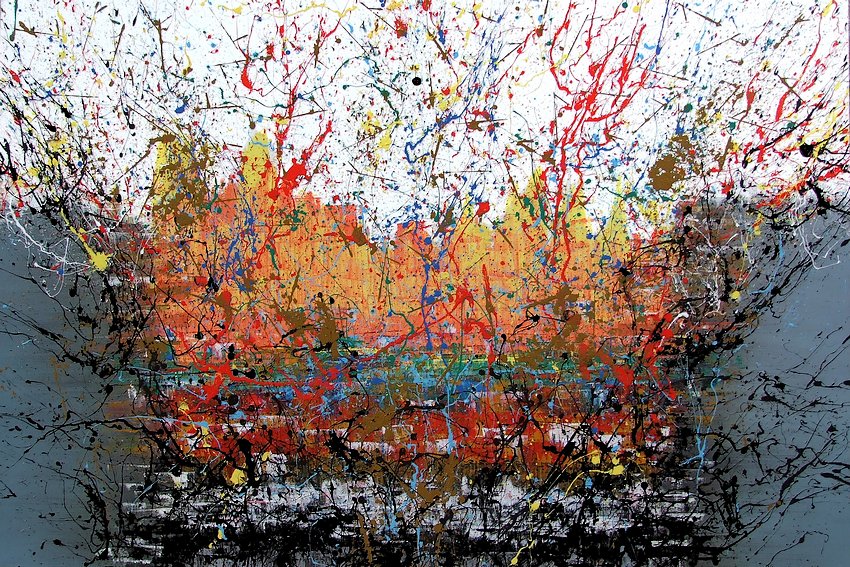 Pittore artista Goa quadri astratti moderni, titolo "Rinascita" , un dipinto dai colori caldi con una forte carica emozionale, un dipinto che parla della primavera
