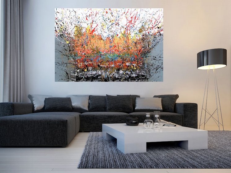 UNA CAMERA DA LETTO DAI COLORI CALDI E TENUI, CON APPESO SULLA PARETE IL QUADRO DEL PITTORE GOA DAI COLORI GIALLO, VERDE, AZZURRO, ROSSO, MARRON CHE SIMBOLEGGIA LA RINASCITA DELLA NATURA