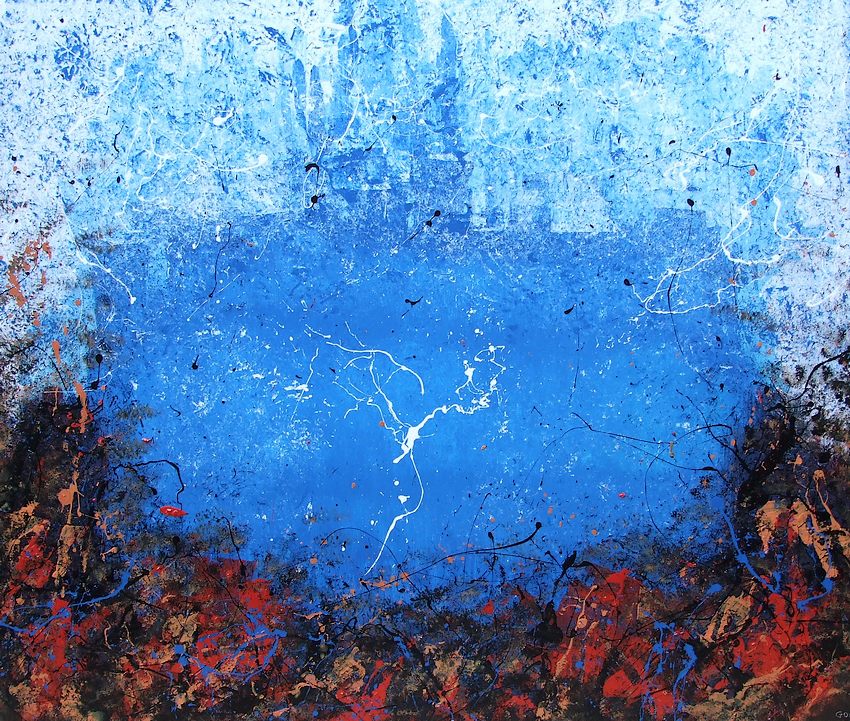 UN QUADRO FIRMATO GOA DAVVERO BELLISSIMO, UN DIPINTO SU TELA CHE CI FA SPROFONDARE NEI PIU' OSCURI MEANDRI DEL NOSTRO ESSERE GRAZIE ANCHE ALLE SUE GRADAZIONI DI COLORE CHE PASSANO DAL BLU E CELESTE AL NERO, ARANCIO, ROSSO ED ECRU', COLORI CALDI ED AUTUNNALI CHE CONTRASTANO COL FREDDO CELESTE MARE