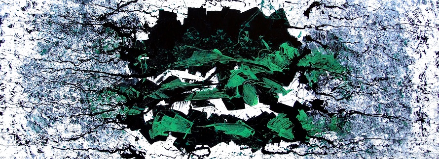 QUADRO DI GRANDI DIMENSIONI CM. 220X80, PANORAMICO, REALIZZATO A MANO DAL PITTORE GOA CON COLORI NERO AL CENTRO, VERDE, VERDE ACIDO E GRIGIO PERLA. IL DIPINTO SIMBOLEGGIA IL PRESENTE