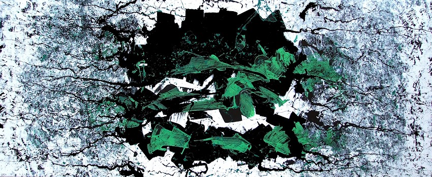 Quadro di grandi dimensioni su tela cm.220x80, titolo Vivere per vivere, un dipinto con colori contrastanti nero, verde acido, bianco che simboleggiano il passato il presente ed il futuro