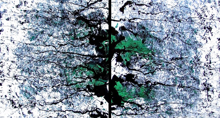 Un ingrandimento del grande dipinto astratto dove si notano i lampi di action painting colore nere e le sfumature intrecciate colore grigio perla. I lampi rappresentano il legame che ha il futuro con il passato, legame che genera il presente