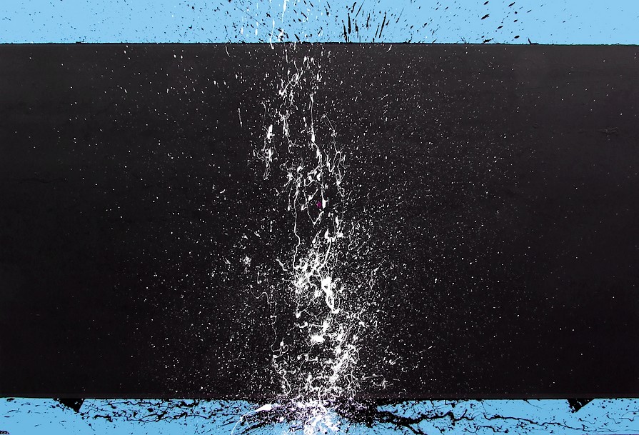 Una tela di grandi dimensioni cm.150x100 dipinta dal pittore Sardo Goa. Un quadro dedicato al mistero della vita con una grande banda di colore nero opaco al centro del quadro e sopra e sotto celeste e action painting nero