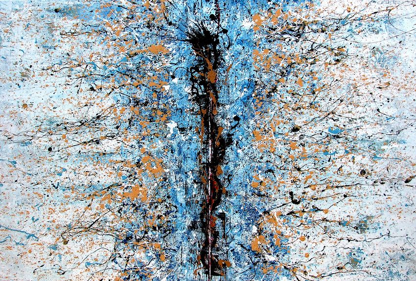 Quadro su tela di grandi dimensioni cm.150x100, titolo Exsodus, Esodo. Un quadro dipinto a mano su tela che ripercorre le fasi dell'esodo dell'antico testamento con colori acrilici azzurro, celeste, ocra e bianco