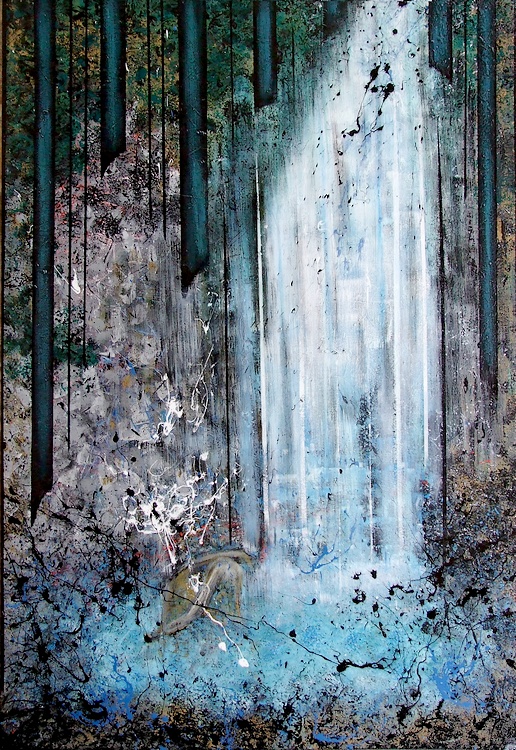 Una tela di grandi dimensioni cm.150x100 dipinta dal pittore Sardo Goa e realizzata su commissione come regalo di matrimonio in lista nozze. Nel quadro sono raffigurati i due sposi che fanno il bagno sotto ad una cascata, in una pozza di acqua trasparente nel bel mezzo di una giungla equatoriale