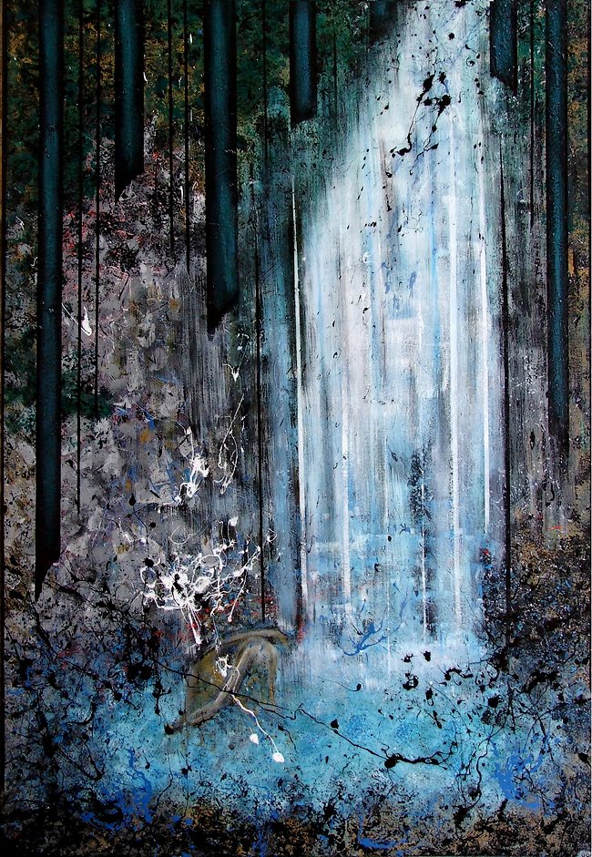 Pittore artista Goa ha realizzato un quandro moderno come regalo per un matrimonio, lista nozze. Il dipinto raffigura i due sposi sotto ad una cascata nel bel mezzo di una giungla equatoriale