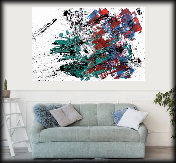 Quadro astratto dipinto dal pittore Goa in una sala moderna stile liberty, con un bel divano tipo sofà color azzurro chiaro, pareti bianche con quadrati in stile, parquet chiaro ed una scaletta bianca con sopra un vaso di fiori ed un cactus verde