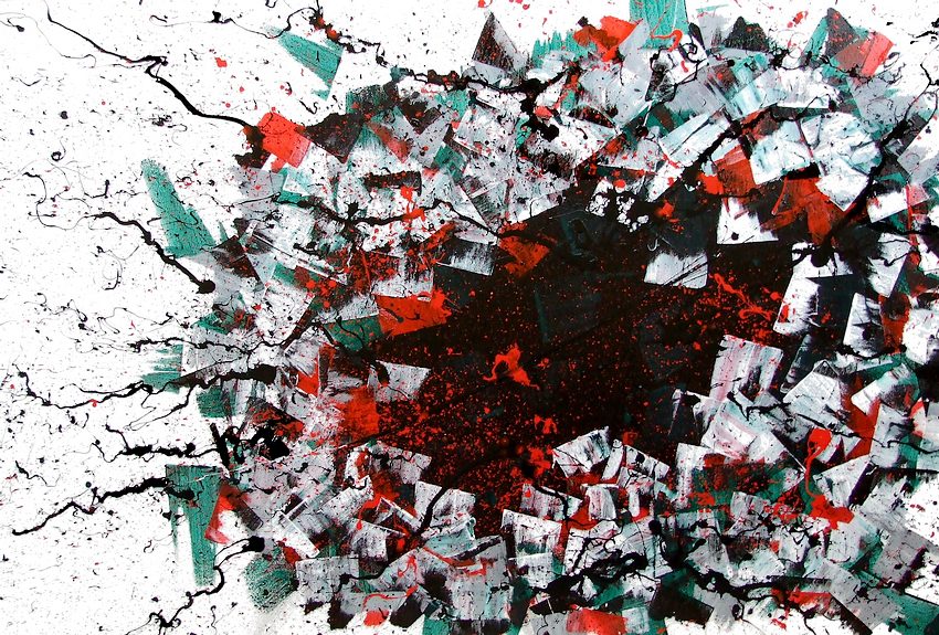 Pittore artista Goa quadri astratti moderni, titolo "Ti stavo cercando". Una profonda tecnica in action painting accostata ad ampie spatolate di colore, trattano il tema della ricerca della verità.