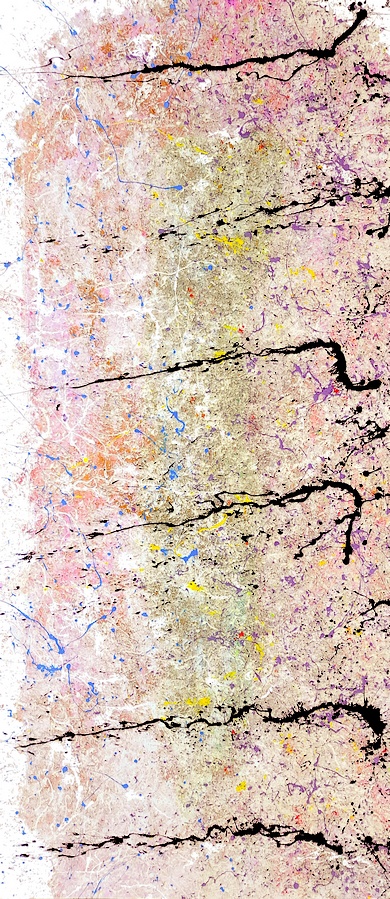 Goa, artista e pittore contemporaneo ha dipinto questo quadro moderno  di grandi dimensioni cm.215x95 su commissione. Il dipinto simboleggia un campo di grano con i fusti delle spighe neri in mezzo ad un campo fiorito in piena primavera