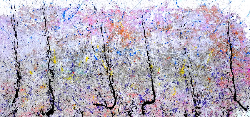 Quadro moderno dipinto su commissione di grandi dimensioni cm.215x95, titolo opera "Campo di grano", con uno sfondo multicolore che rappresenta la primavera e le spighe di grano in primo piano di colore nero