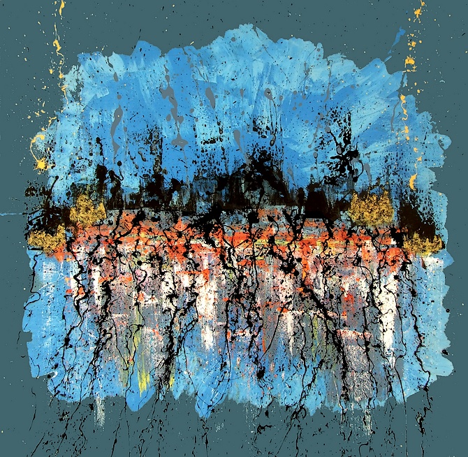 Goa, artista di arte contemporanea. Quadro astratto realizzato su tela e su richiesta. Dimensioni grandi, cm.120x120. Sfondo della tela colorato in verde petrolio, ampi getti di colore azzurro circondano la tela racchiudendo al suo centro colorazioni arancio, rosse, ocra. Action painting e dripping finale di colore nero