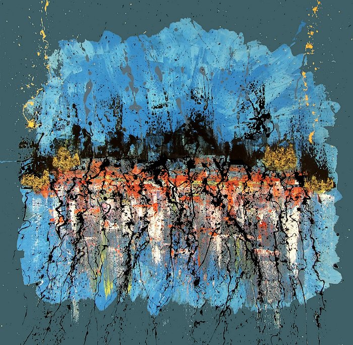 Quadro astratto realizzato su tela e su richiesta. Dimensioni grandi, cm.120x120. Sfondo della tela colorato in verde petrolio, ampi getti di colore azzurro circondano la tela racchiudendo al suo centro colorazioni arancio, rosse, ocra. Action painting e dripping finale di colore nero