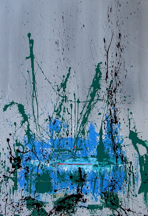 Goa pittore contemporaneo Cagliaritano. Nell'immagine si vede un quadro moderno dipinto su tela con colorazioni tendenti al grigio. Gittate di colore eseguite con la tecnica dell'action painting e del dripping, ricordano le tele di Fernandez Arman. Al centro del dipinto una lago color azzurro celeste. Quadro realizzato su commissione per un cliente di Milano