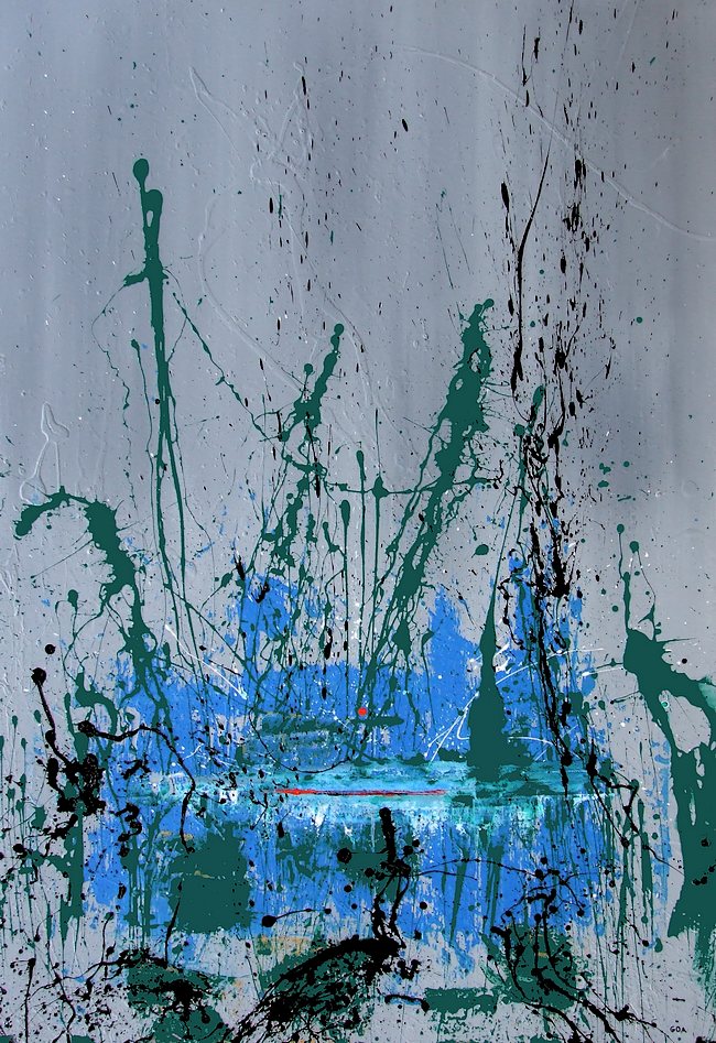 Quadro su tela dipinto su commissione cm.120x80, dal titolo "Desiderando la libertà". Un ambiente alpino, le alpi, le montagne i laghi di alta quota, desiderati in un sogno realizzato nella cupa e grigia città di Francoforte