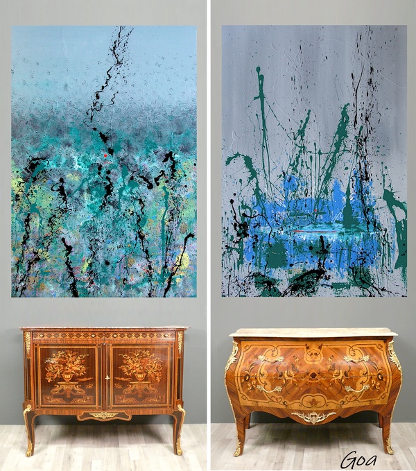 Pittore Goa, quadri su commissione moderni a Cagliari. In questa fotografia abbiamo un quadro astratto che richiamo lo stile di Monet. Colori sfocati e tenui come il verde, l'azzurro, il grigio chiaro ed il giallo, richiamano il paesaggio di una radura di montagna