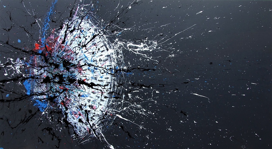 Artista Goa, quadro astratto di grande formato e dimensioni realizzato su commissione per un cliente di Milano. Dimensioni cm.200x110 dipinto su tela con colore di fondo nero opaco, action painting di colore bianco nero blu e rosso.