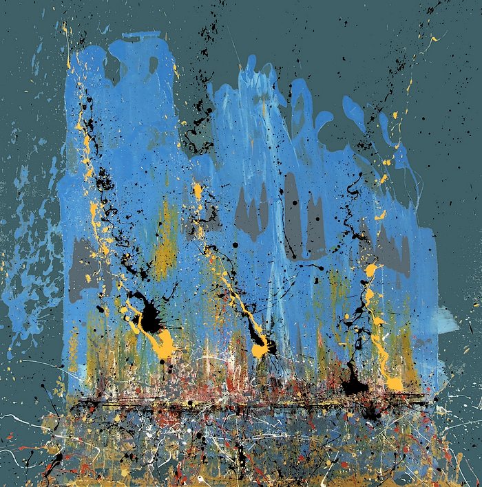 Quadro astratto di grandi dimensioni realizzato su richiesta e commissione. Uno sfondo verde petrolio fa da culla ad una notte molto importante: la nascita di Gesù con colori caldi, giallo, rosso, arancio, ecrù e celeste. Action painting color nero