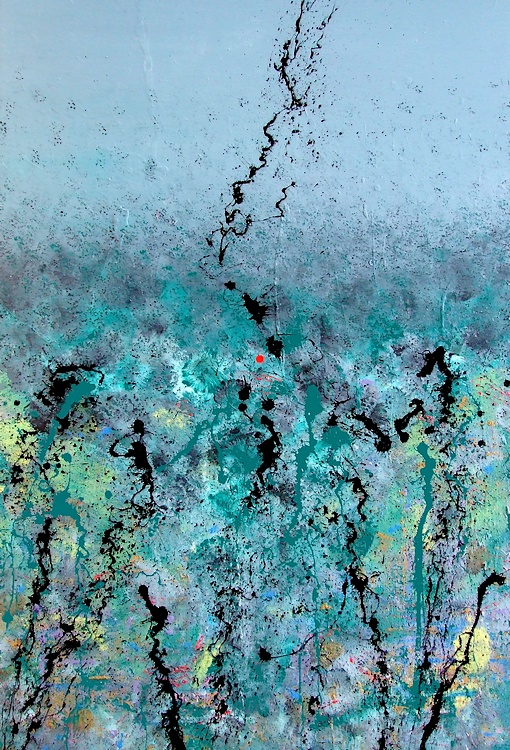 Pittore Goa, vendita quadri astratti e moderni a Cagliari. In questa fotografia abbiamo un quadro astratto che richiamo lo stile di Monet. Colori sfocati e tenui come il verde, l'azzurro, il grigio chiaro ed il giallo, richiamano il paesaggio di una radura di montagna