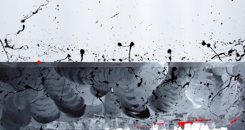 Quadro panoramico realizzato su tela e su commissione con misure di cm. 150x80, un metro e 50. Colori grigi e grigio scuro simulano una tempesta sia a livello corporeo che climatica
