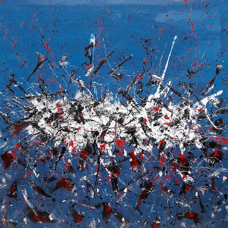 ENORME QUADRO REALIZZATO SU MISURA E SU COMMISSIONE. CM. 150X150. LA TELA E' IMPREGNATA DI UN COLORE BLU COME SFONDO, ED UN INCREDIBILE ACTION PAINTING COLORE BIANCO E NERO SPADRONEGGIA IN TUTTE LE DIREZIONI. 