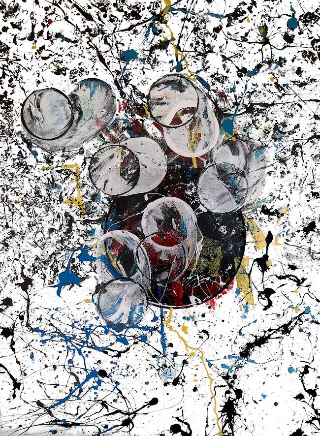 UNA TELA DALLE DIMENSIONI CONTENUTE, CM.60X80 E' STATA REALIZZATA SU COMMISSIONE E COME TEMA HA LA NASCITA DI UN FIGLIO. AL CENTRO DEL QUADRO, TUNNEL SPAZIOTEMPO DI COLORE BIANCO SI PLASMANO PER PORTARE SILENZIOSI LA VITA. IL NUCLEO DEL QUADRO SIMBOLEGGIA IL GREMBO MATERNO CON LANCI DI VERNICE COLOR ROSSO SANGUE