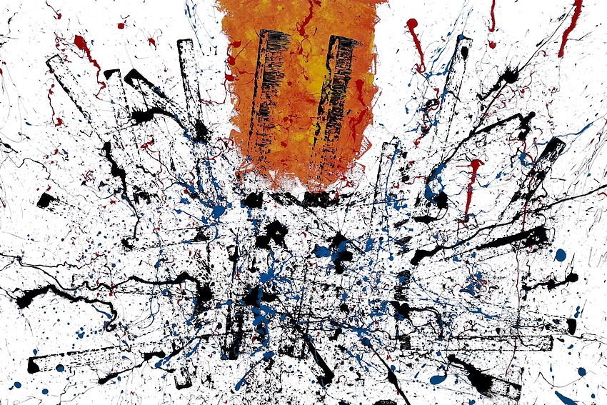 QUADRO ASTRATTO REALIZZATO CON LA TECNICA DELL'ACTION PAINTING. SU SFONDO BIANCO CON LINEE GEOMETRICHE RETTILINEE DI COLORE NERO ED UNA PALLA CENTRALE COLORE GIALLO, ROSSO ED ARANCIONE SIMBOLEGGIANTE L'ESPLOSIONE AVVENUTA L'11 SETTEMBRE NELLE TWIN TOWERS. A VOLTE RITORNANO...QUANDO STAVO DIPINGENDO QUESTO QUADRO NON SAPEVO DOVE SAREI APPRODATO ALLA FINE DEL VIAGGIO. E COME UN FULMINE A CIEL SERENO, ALLA FINE SONO APPARSE LE TORRI GEMELLE IN FIAMME. HO SEMPRE DIPINTO QUESTO EMBLEMATICO EVENTO PERCHE' HA SUSCITATO IN ME PROFONDE FERITE COSCIENZIALI. MA ORAMAI ERANO DIVERSI ANNI CHE NON ERANO FULCRO DELLE MIE ISPIRAZIONI. ED INVECE SONO TORNATE, POTENTI E POSSENTI PIU' CHE MAI IN UN'ASTRAZIONE DAVVERO SPETTACOLARE E PIENA CI CARICA EMOTIVA.