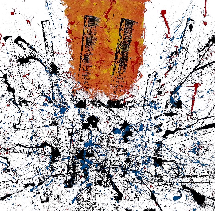 QUADRO SU TELA DIPINTO A MANO, SFONDO BIANCO, LINEE RETTILINEE E PARALLELE DI COLORE ACRILICO NERO, GRANDE PALLA DI FUOCO COLOR ARANCIONE GIALLO E ROSSO, ACTION PAINTING DI COLORE NERO