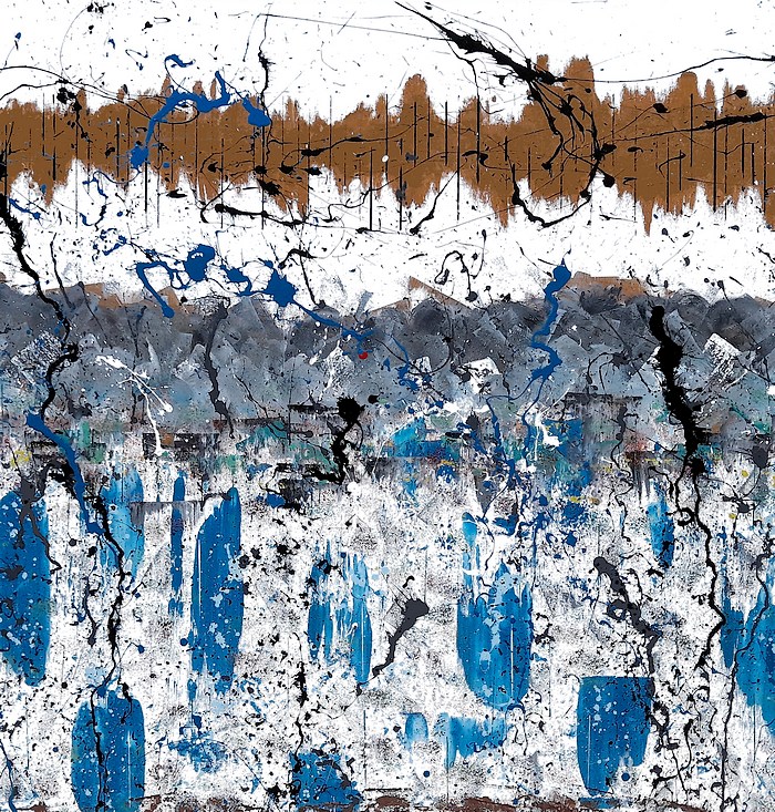 QUADRO ASTRATTO DIPINTO SU TELA CON COLORI ACRILICI CHE VARIANO DAL GRIGIO SCURO RAFFIGURANTE LE NUVOLE, IL BLU ED IL CELESTE DELLA PIOGGIA, IL MARRONE DELLA TERRA, E UN ACTION PAINTING DI COLORE BLU E NERO CHE SOVRASTANO LA TELA BIANCA