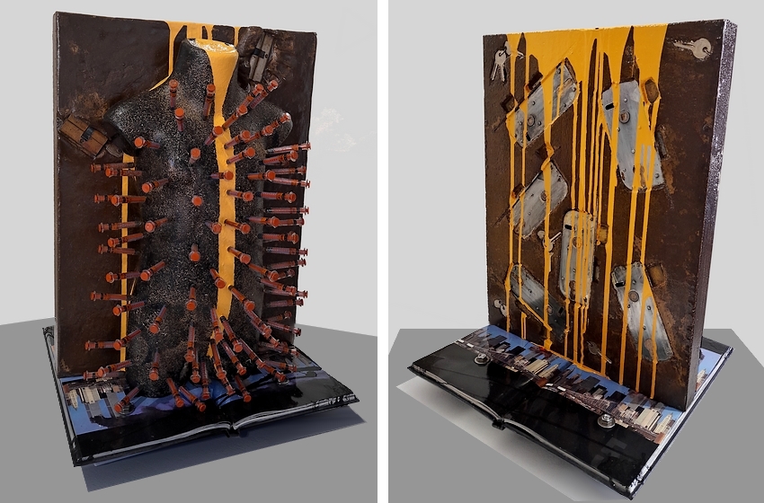 SCULTURA MODERNA DEDICATA AGLI YUGA, LE ERE COSMICHE DELL'ANTICA RELIGIONE INDUISTA. NOI SIAMO NELL'ULTIMO YUGA QUELLO DELLA FINE MA ANCHE QUELLO DEL RISVEGLIO E DELLA NUOVA VITA. LA SCULTURA E' COMPOSTA DA DIVERSI ELEMENTI MATERIALI: UN LIBRO, IL CEMENTO, LE SIRINGHE, LE SERRATURE. LA BASE DELLA SCULTURA E' UN LIBRO EMBLEMATICO: L'ATTACCO ALLE TWIN TOWERS DELL'11 SETTEMBRE 2001. QUESTO AVVENIMENTO E' IL SEGNALE PRINCIPALE DELL'INIZIO DELLA FINE DELL'ULTIMO YUGA. SOPRA AL LIBRO IL BUSTO DI UN BAMBINO E' SEGNATO DA UNA COSTELLAZIONE DI SIRINGHE CHE GLI INIETTANO SOSTANZE FARMACEUTICHE. LA VACCIANAZIONE MONDIALE INCONDIZIONATA ANTI SARS COVID-2 E' STATO UN EVENTO EMBLEMATICO MAI SUCCESSO PRIMA NELLA STORIA, UN EVENTO CHE TRASFORMERA' PER SEMPRE IL GENERE UMANO E CHE LEGHERA' L'ESSERE UMANO AD UNA PERVERSA DIPENDENZA DAI FARMACI E DAL MALE. NELLA SCHIENA SONO PRESENTI DELLE SERRATURE IN METALLO CHE IMPRIGIONANO L'UOMO NELLA SUA PARTE PIU' SENSIBILE ED ESSENZIALE: LA SCHIENA, CENTRO NEVRALGICO DI TUTTO IL CORPO. L'ESSERE E' DIVISO IN DUE PARTI DA UNA MURO DI CEMENTO ARMATO, ED E' PROPRIO QUESTO MURO L'ELEMENTO FONDAMENTALE DELLA SCULTURA. LA SCULTURA E' CARATTERIZZATA INFATTI DA UNA SERIE DI FATTORI A CARATTERE PESSIMISTICO. IL MURO VUOLE METTERE FINE UNA VOLTA PER TUTTE ALLA YUGA. ESSO INFATTI OLTRE A SEPARARE IL MALE PRESENTE SIA DAVANTI CHE DIETRO IL BUSTO SCHIACCIA COL SUO PESO IL VOLUME STAMPATO MENTRE AL SUO APICE, UNA COLATA DI COLORE ACRILICO GIALLO SIMBOLEGGIANTE IL SOLE, INDICANDO L'AVVENTO DELLA NUOVA ERA, DENOMINATA APPUNTO L'ETA' DELL'ORO.