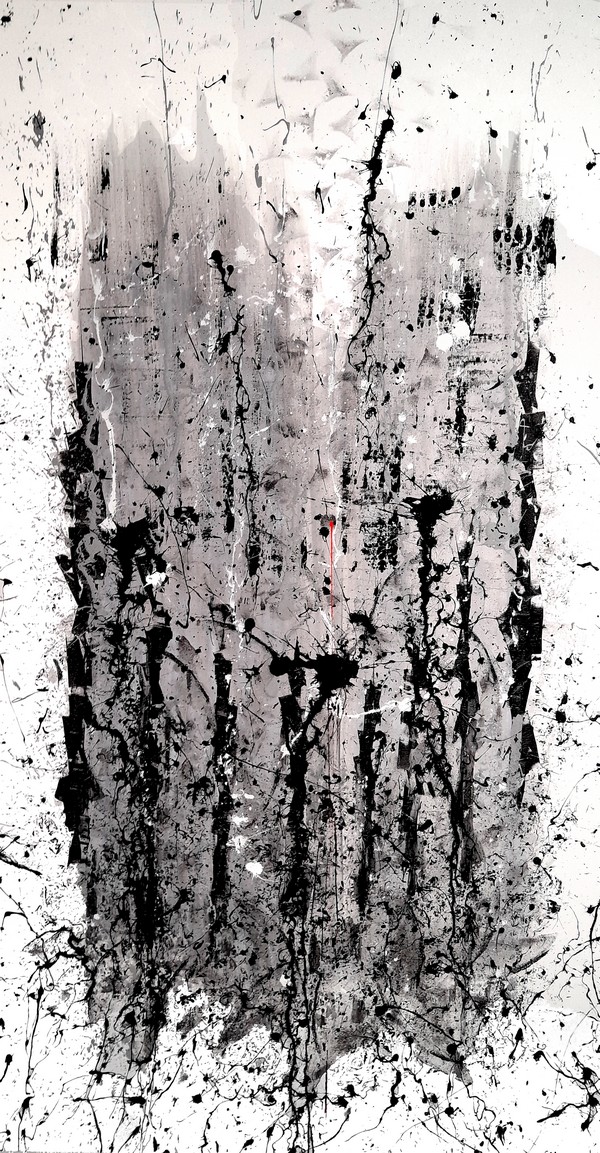 QUADRO MODERNO FATTO A MANO REALIZZATO SU COMMISSIONE PER L'ARREDAMENTO MODERNO DI UNA CASA DI VILLASIMIUS. IL QUADRO DI GRANDI DIMENSIONI MISURA CM. 210X100 E SI SVILUPPA IN VERTICALE. IL TEMA DI FONDO SONO I FESTEGGIAMENTI PER L'ARRIVO DEL NUOVO ANNO. IN UNA CITTA' FUTURISTICA RAFFIGURATA CON CROMATICHE BIANCHE E NERE, UN PICCOLO LAMPO DI LUCE EVIDENZIATO COL COLORE ROSSO AL CENTRO DEL QUADRO DA' IL VIA AI FESTEGGIAMENTI DI FINE ANNO. SOPRA LA CITTA', UNA SCIA STELLATA DI COLORE GRIGIO SI FA STRADA TRA LE SILHOUETTE DI FLEBILI GRATTACIELI. QUESTA SCIA SIMBOLEGGIA LA LIBERAZIONE DALLE VECCHIE ABITUDINI APRENDO L'INGRESSO AD UNA NUOVA PAGINA DI VITA